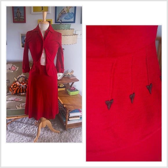 Vintage 1950s Dress l Suit Set l Red Wool l 2 Pc l S M l Jacket Skirt l 50s - Picture 1 of 11